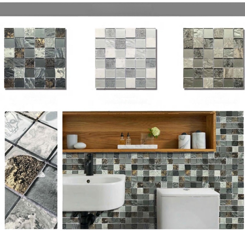 Traditional Style Black Marble Mosaic 25X25 Square Wall Tiles Parquet Glass Stone for Kitchen Bathroom Apartments